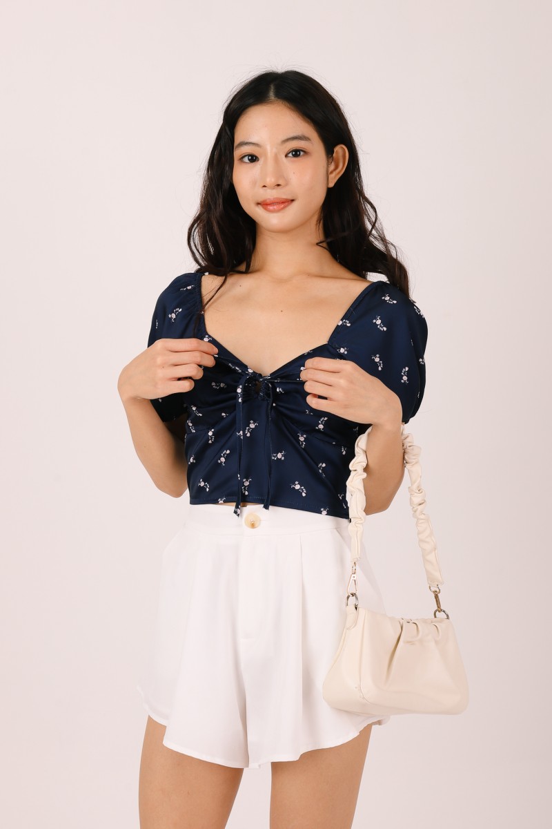 Nyomi Floral Satin Ribbon Crop Top in Navy