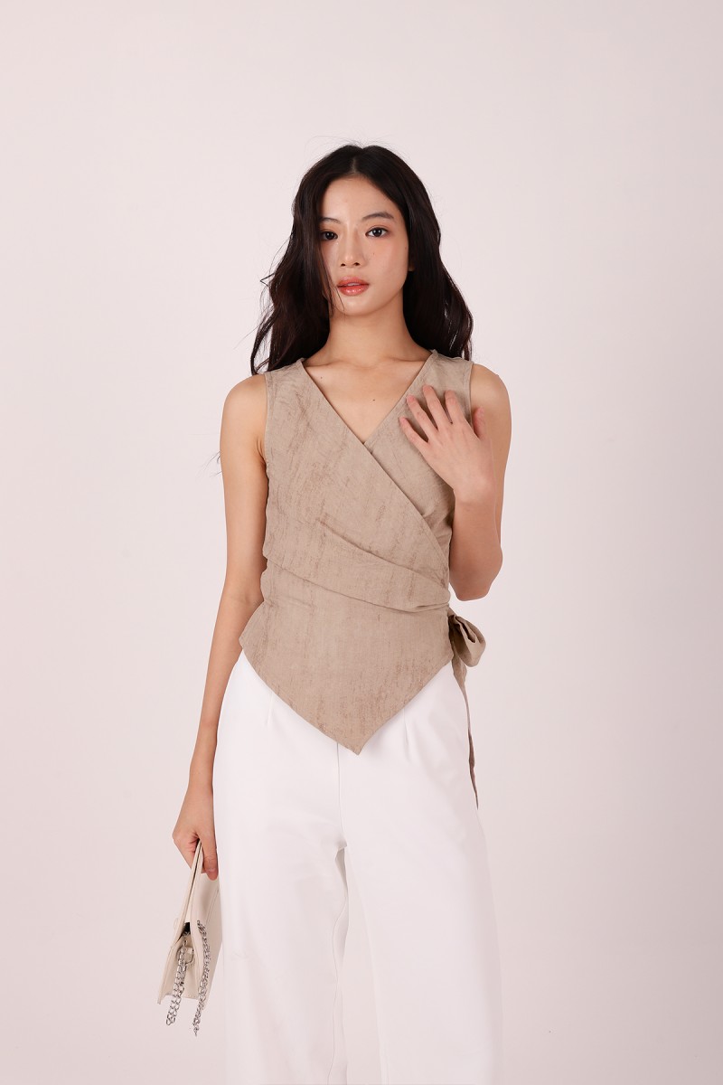 Evrae Ruched Wrap Vest Top in Warm Taupe