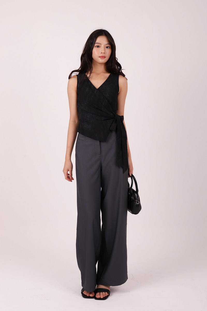 Evrae Ruched Wrap Vest Top in Black