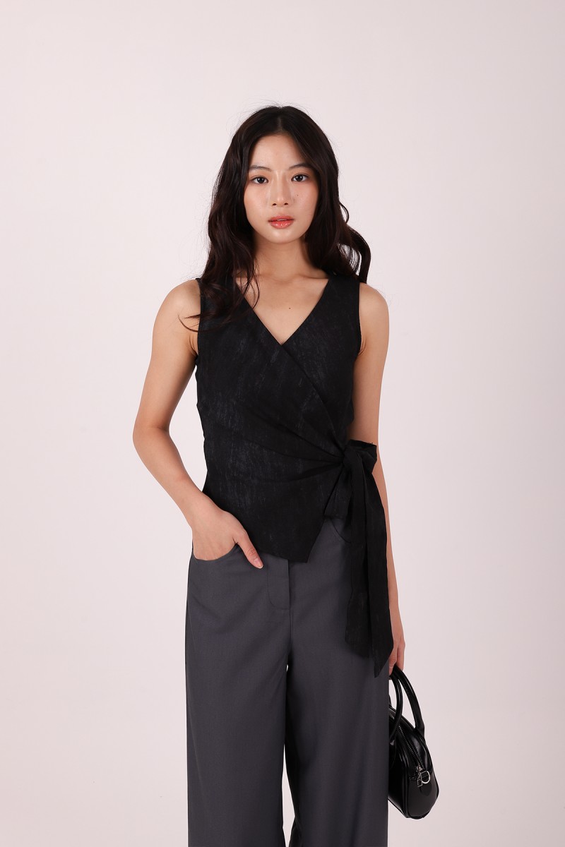 Evrae Ruched Wrap Vest Top in Black