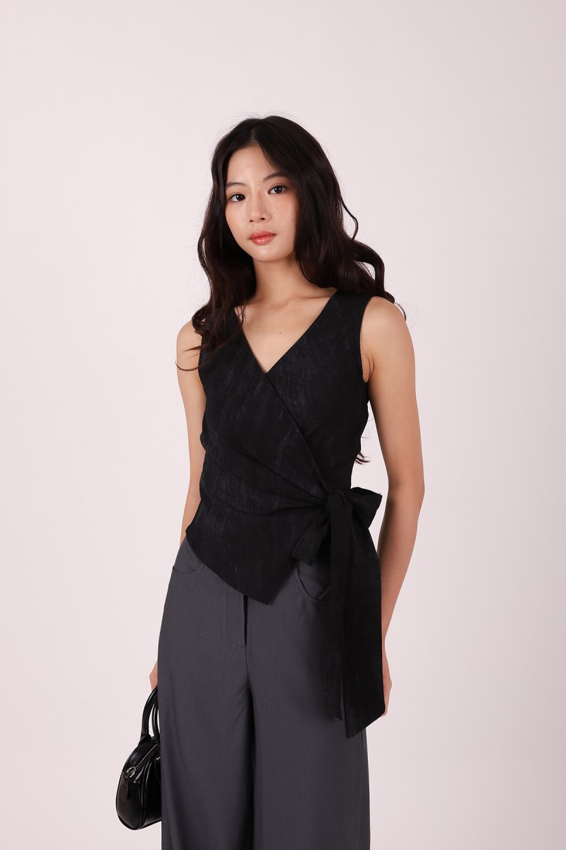 Evrae Ruched Wrap Vest Top in Black