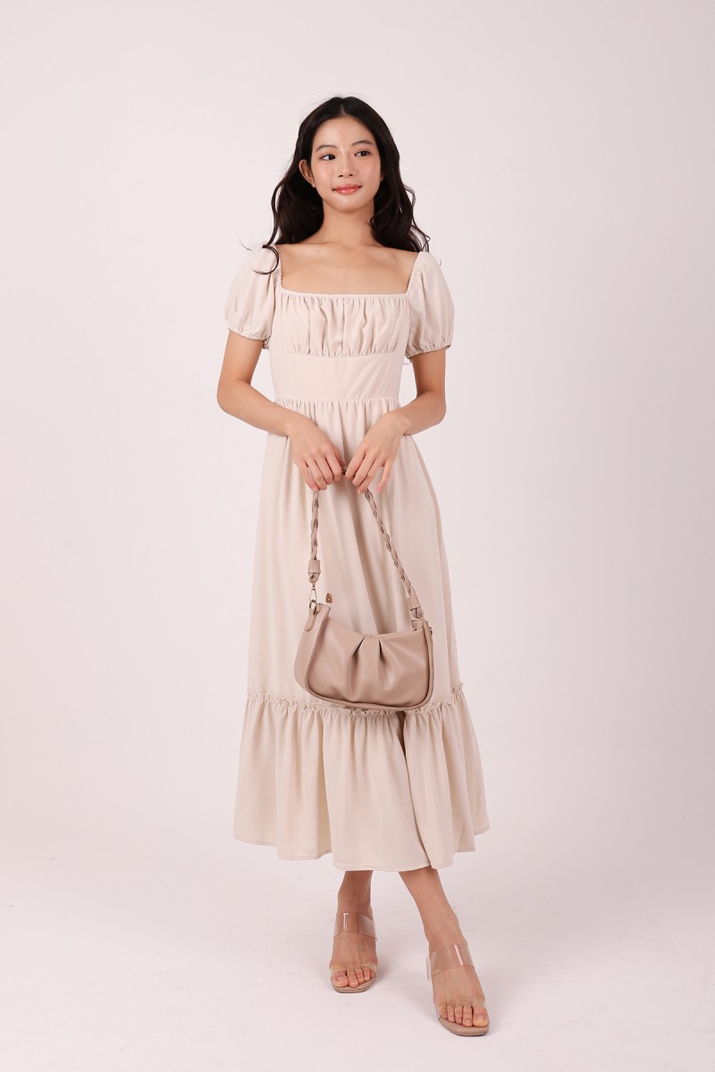 Triselle Puff Sleeves Midi Dress in Cream