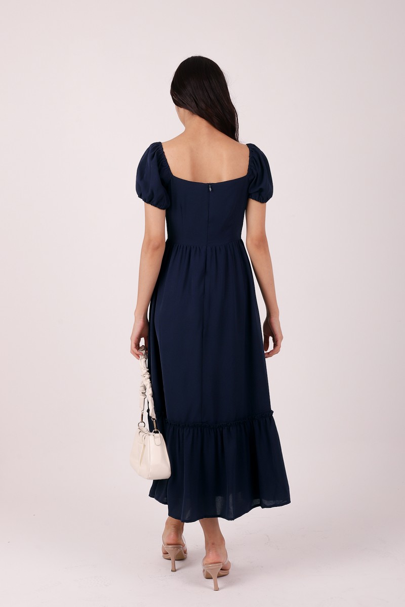 Triselle Puff Sleeves Midi Dress in Navy