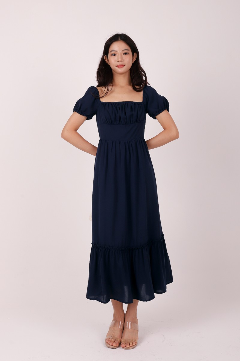 Triselle Puff Sleeves Midi Dress in Navy