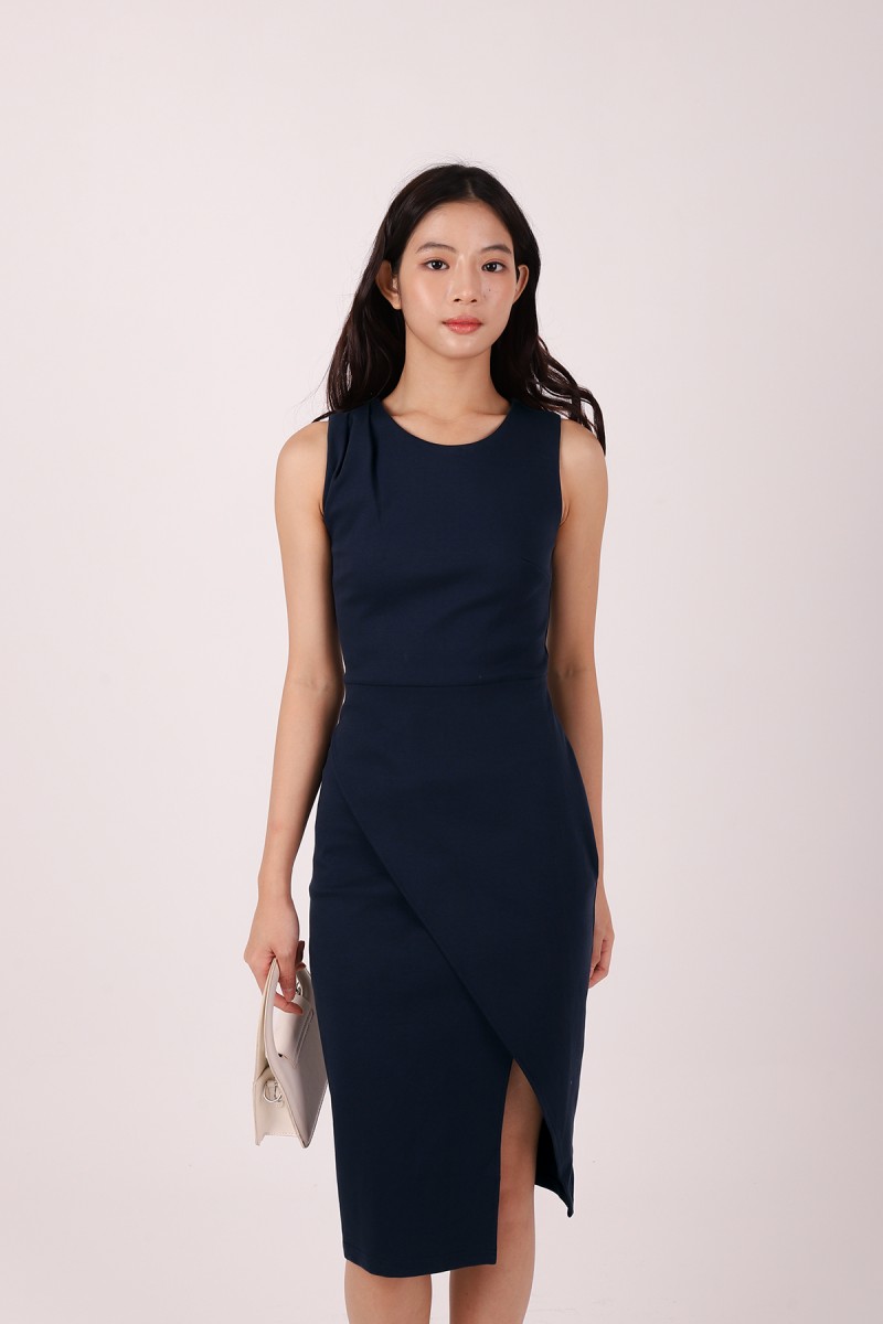 Caelina Overlay Sleeveless Dress in Navy