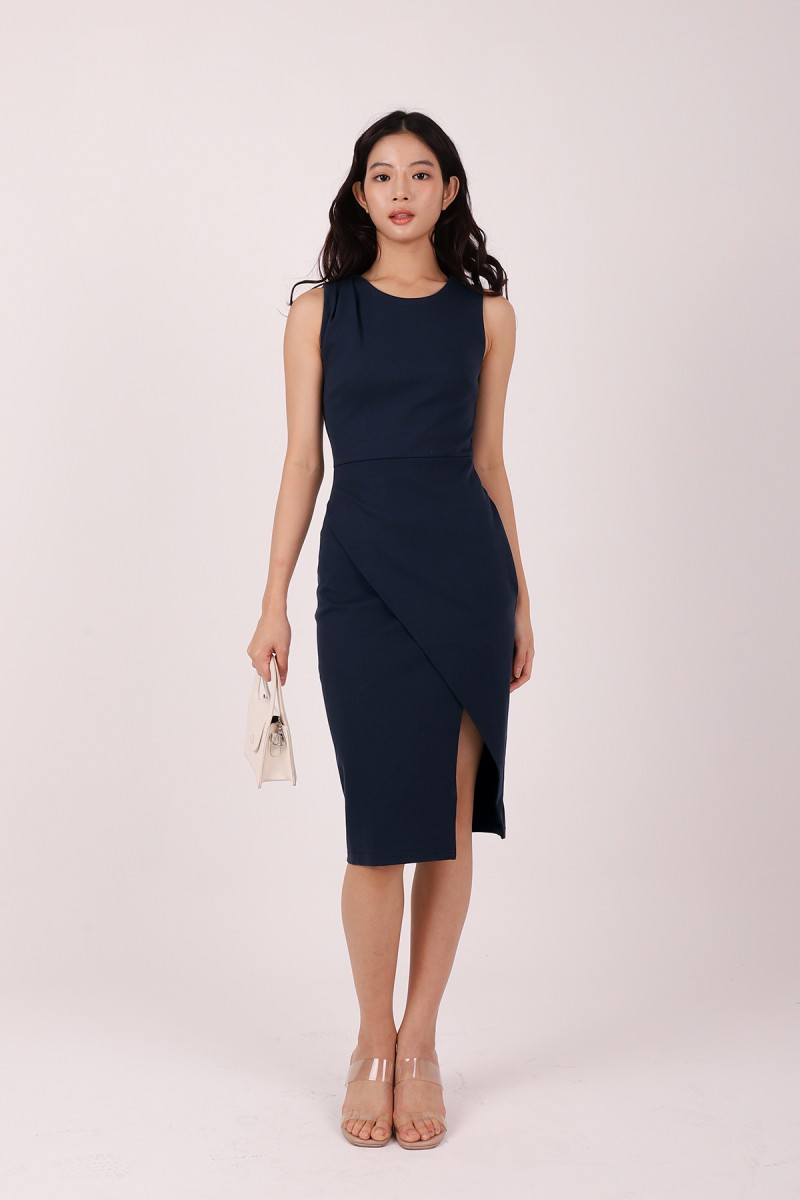 Caelina Overlay Sleeveless Dress in Navy