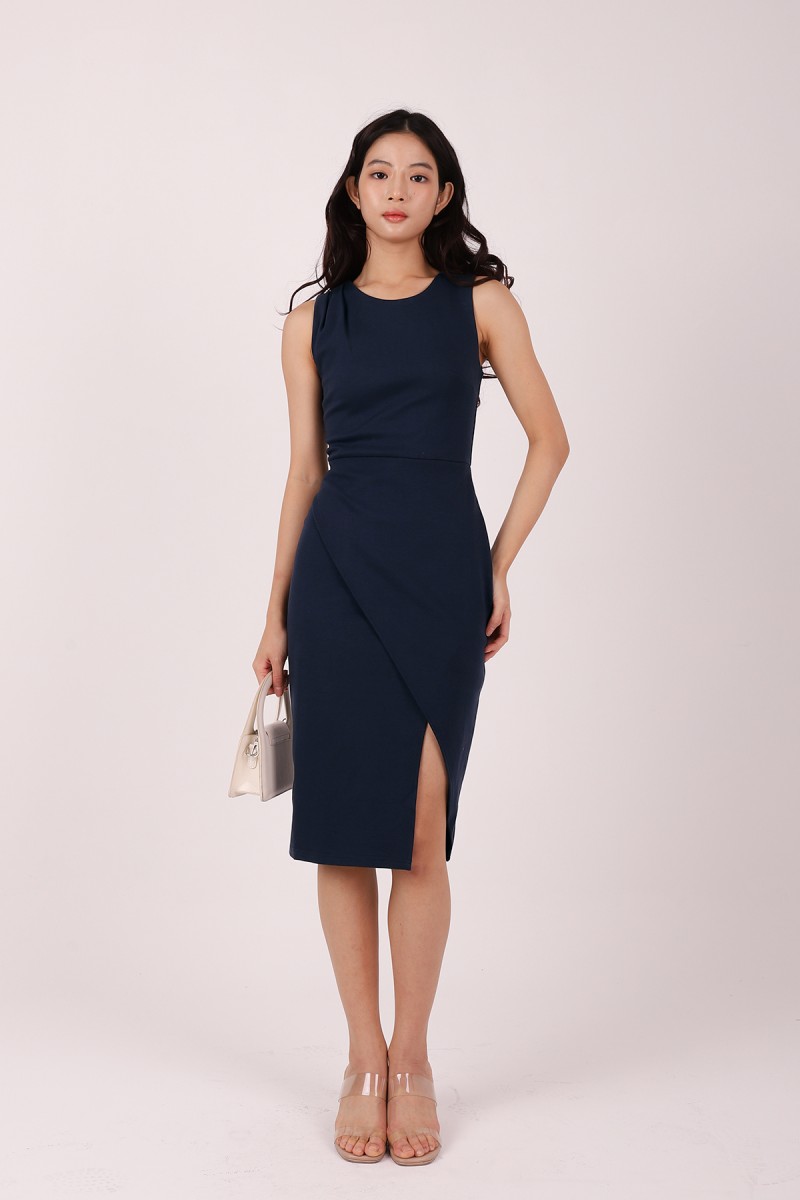 Caelina Overlay Sleeveless Dress in Navy