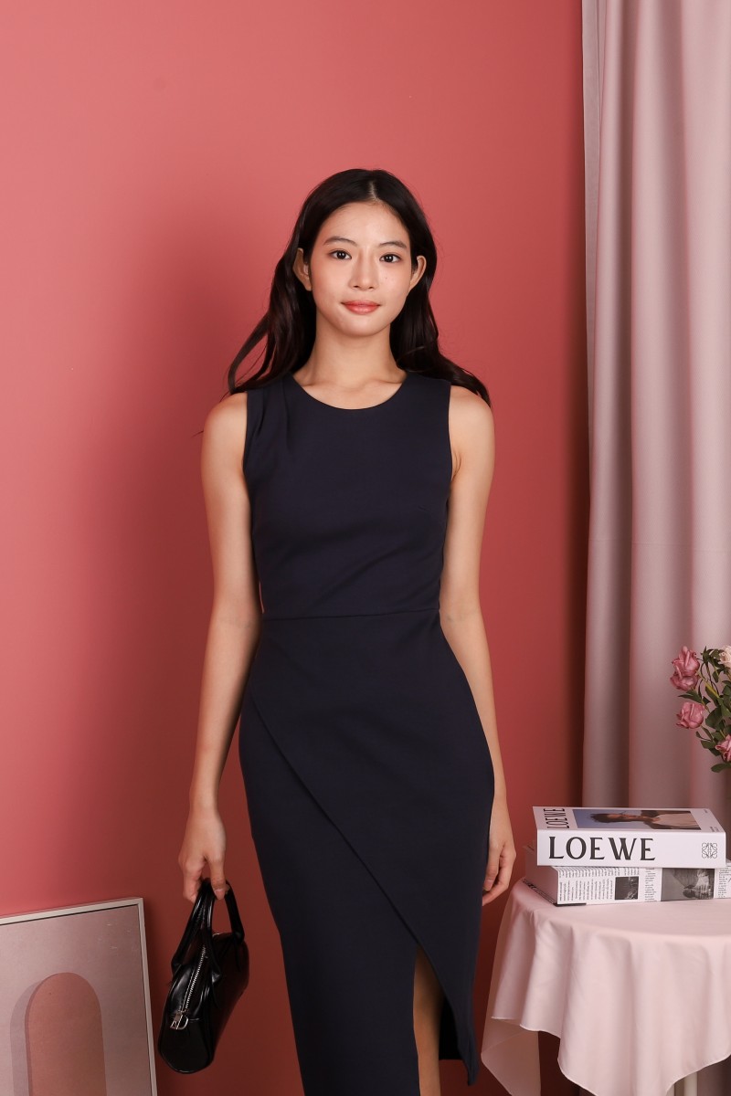 Caelina Overlay Sleeveless Dress in Navy