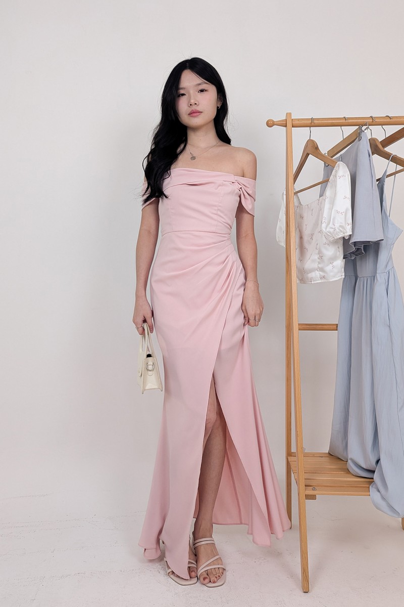RESTOCK6: Viore Off-Shoulder Overlap Dress in Blush