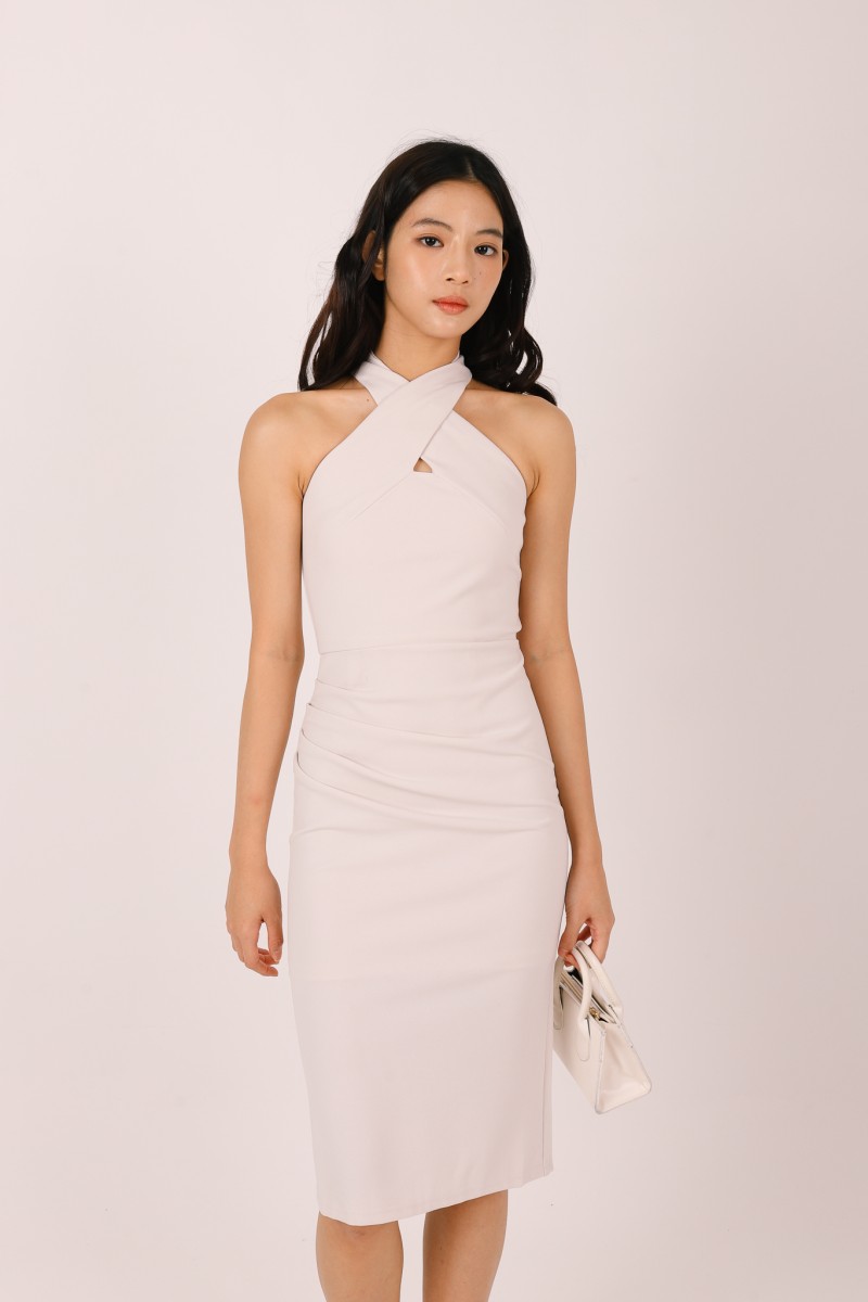 Aurea Cross Halter Midi Dress in Cream