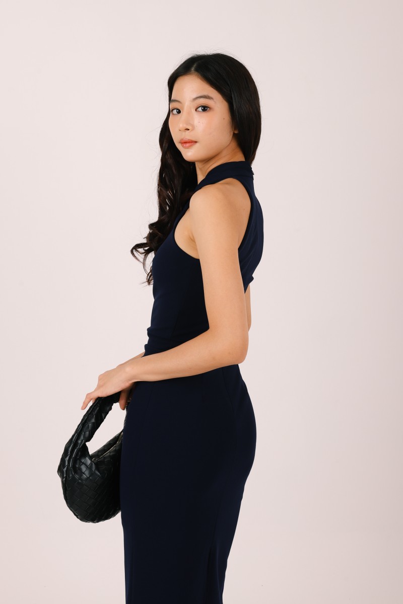 Aurea Cross Halter Midi Dress in Navy