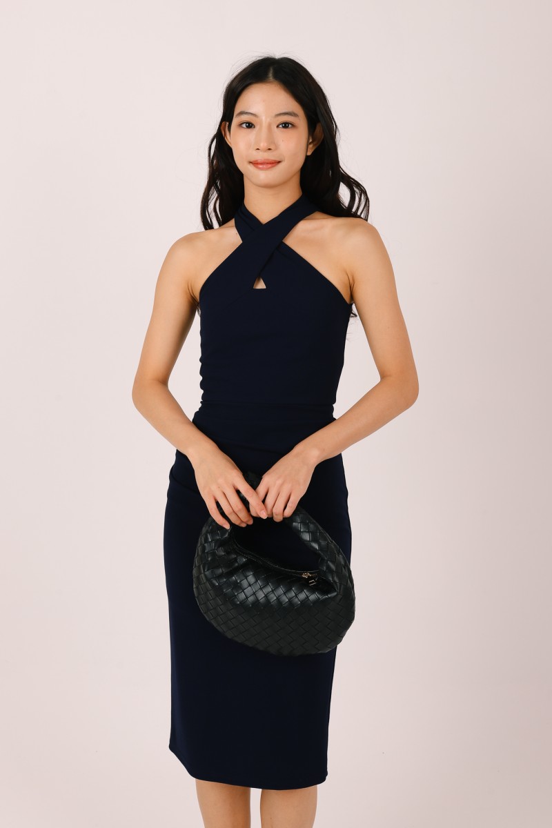 Aurea Cross Halter Midi Dress in Navy