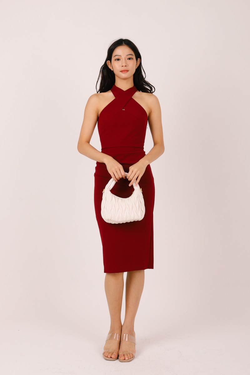 Aurea Cross Halter Midi Dress in Wine