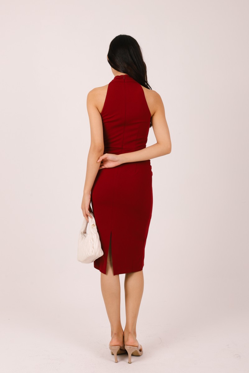 Aurea Cross Halter Midi Dress in Wine