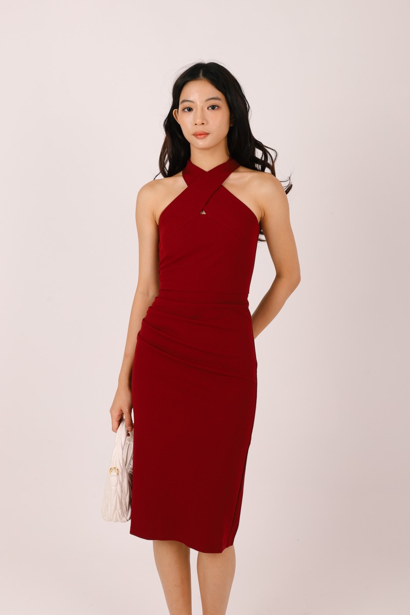 Aurea Cross Halter Midi Dress in Wine