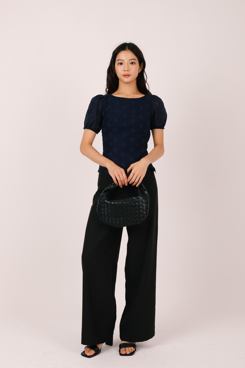 Sonari Eyelet Boat Neck Top in Navy