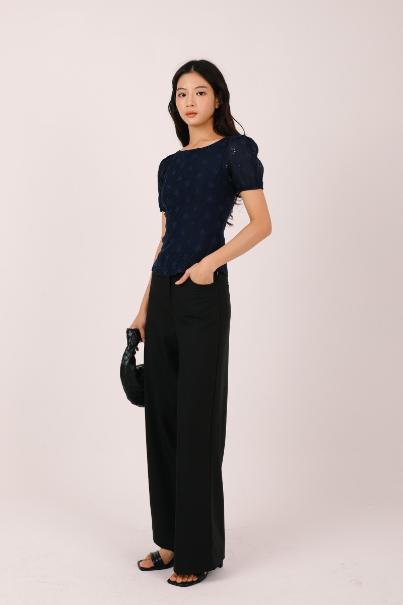 Sonari Eyelet Boat Neck Top in Navy