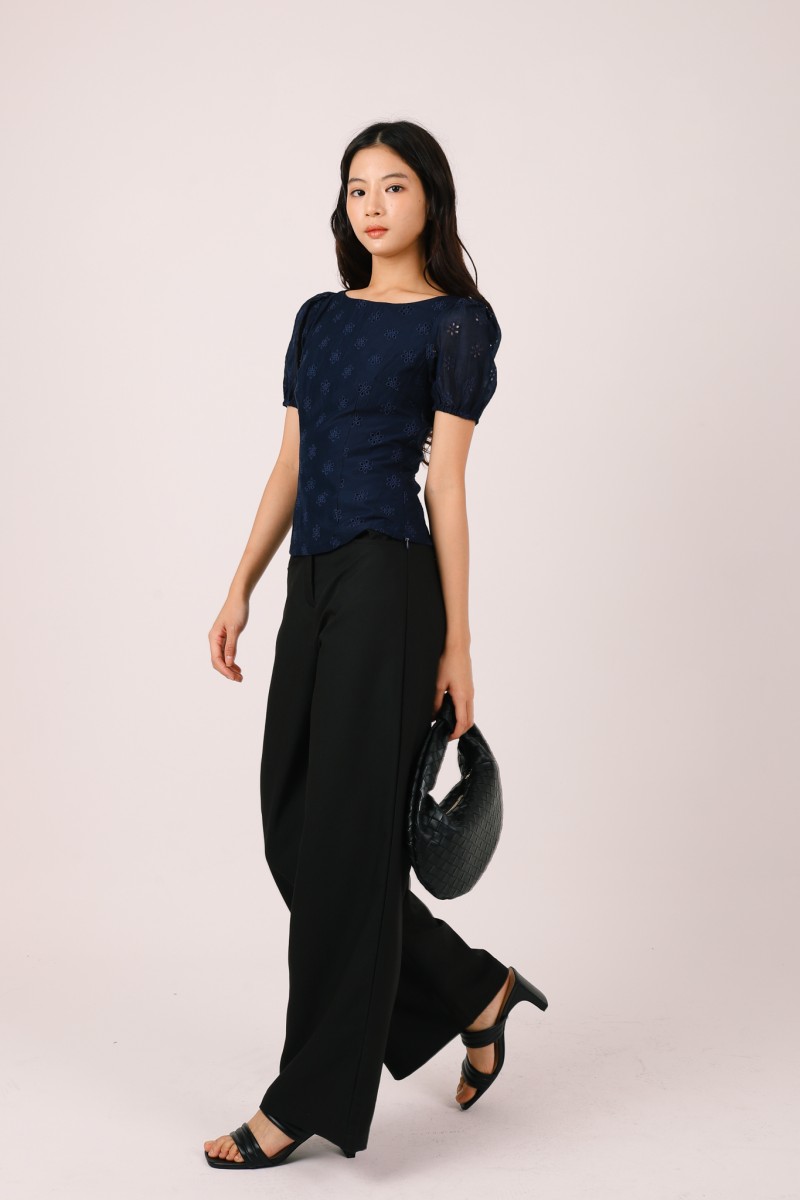 Sonari Eyelet Boat Neck Top in Navy