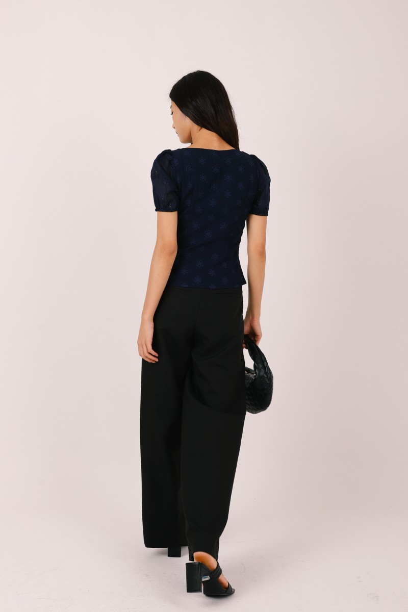 Sonari Eyelet Boat Neck Top in Navy