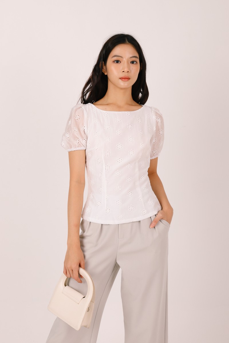 Sonari Eyelet Boat Neck Top in White
