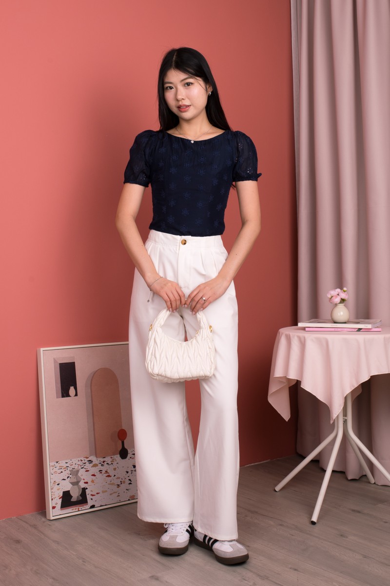 Sonari Eyelet Boat Neck Top in Navy