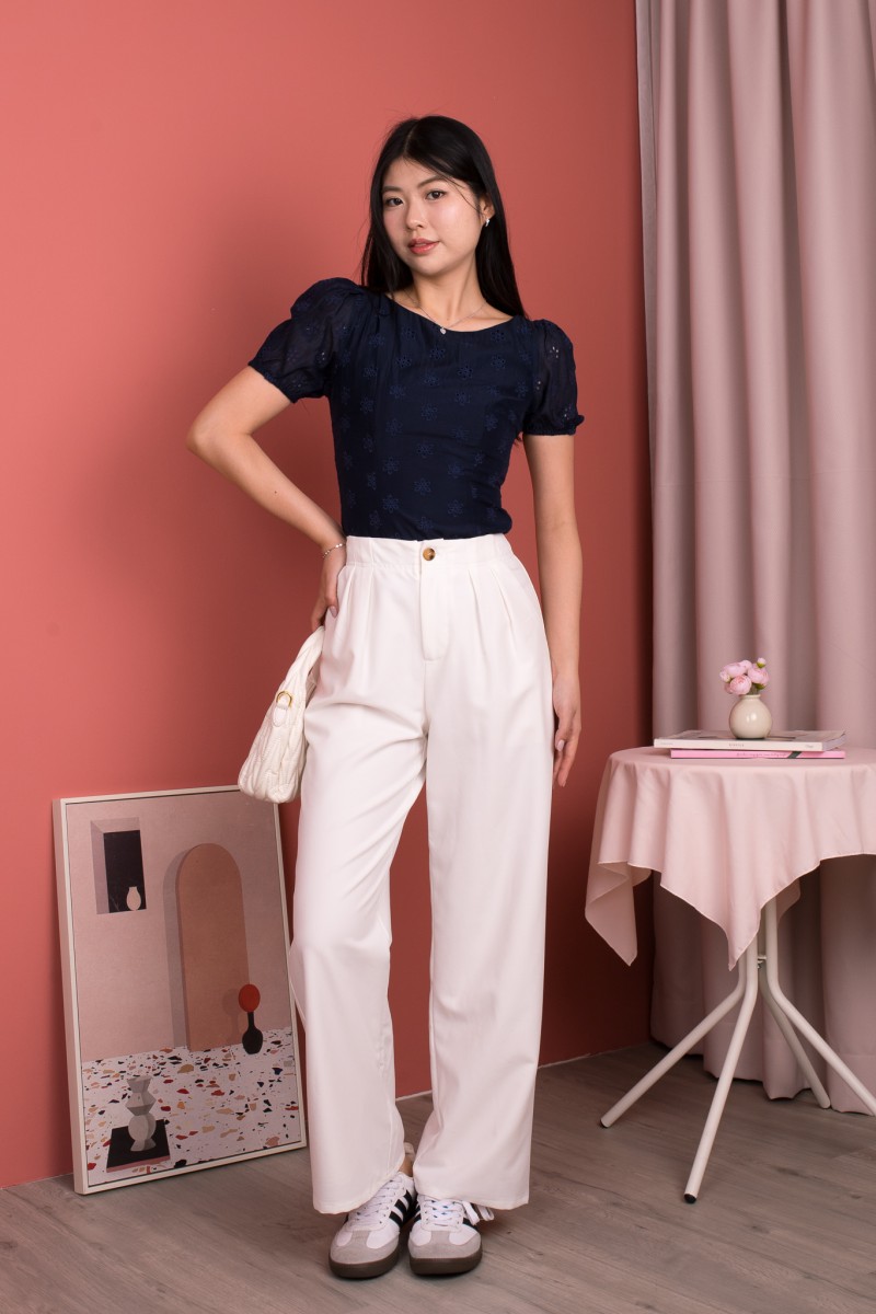 Sonari Eyelet Boat Neck Top in Navy