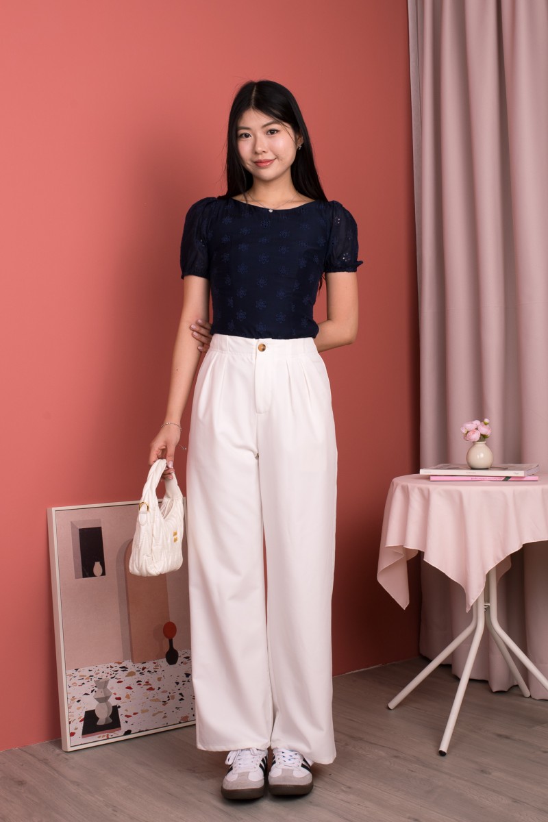 Sonari Eyelet Boat Neck Top in Navy