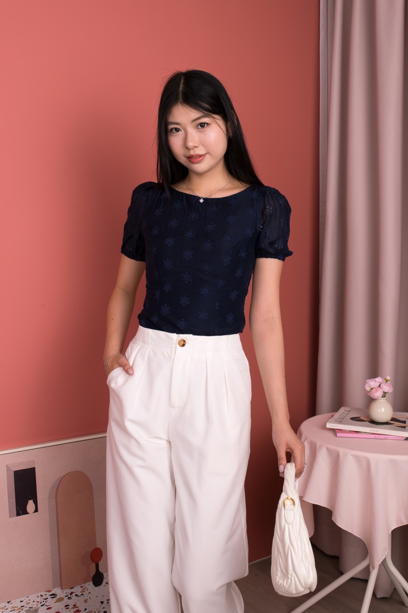 Sonari Eyelet Boat Neck Top in Navy