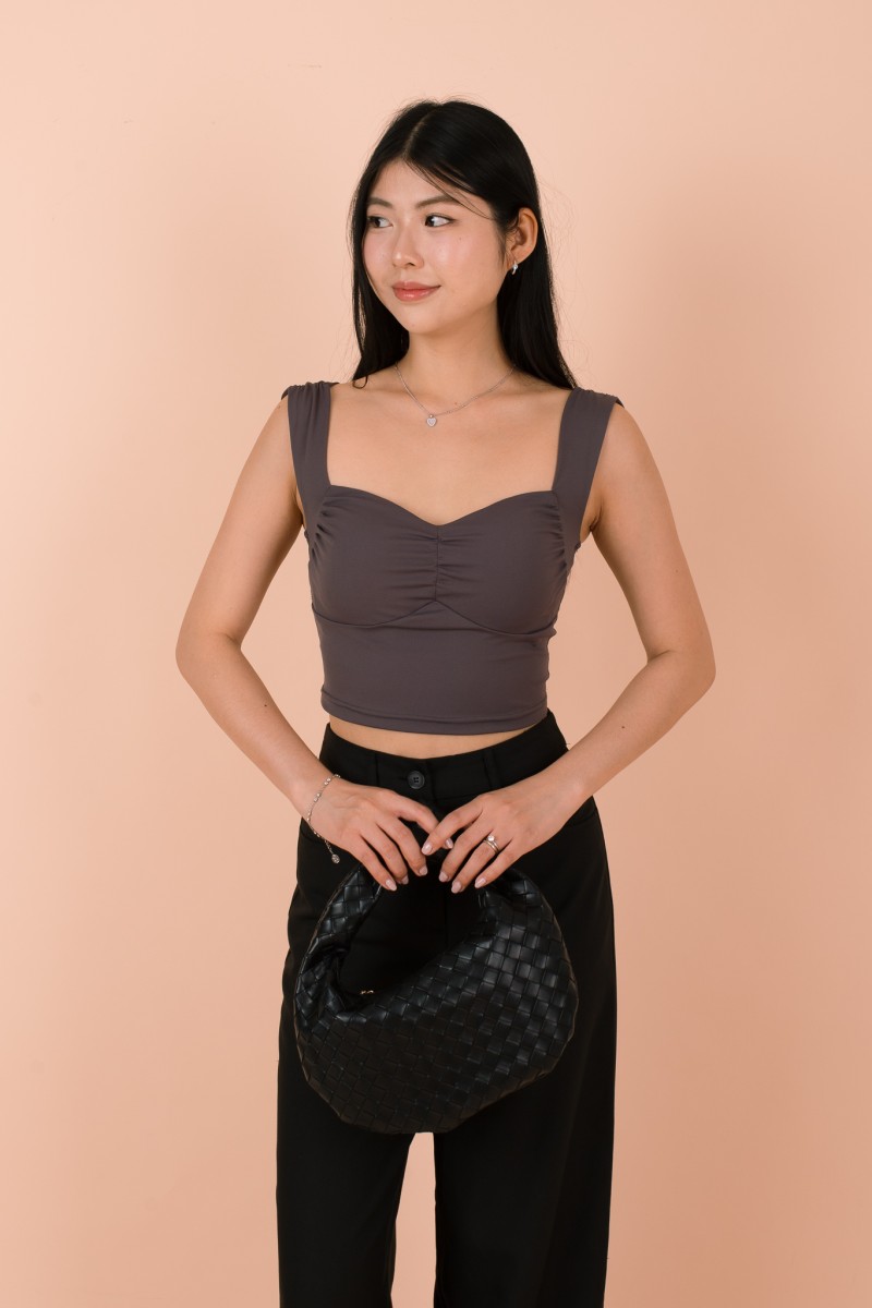 Aeris Padded Ruched Sweetheart Top in Gunmetal