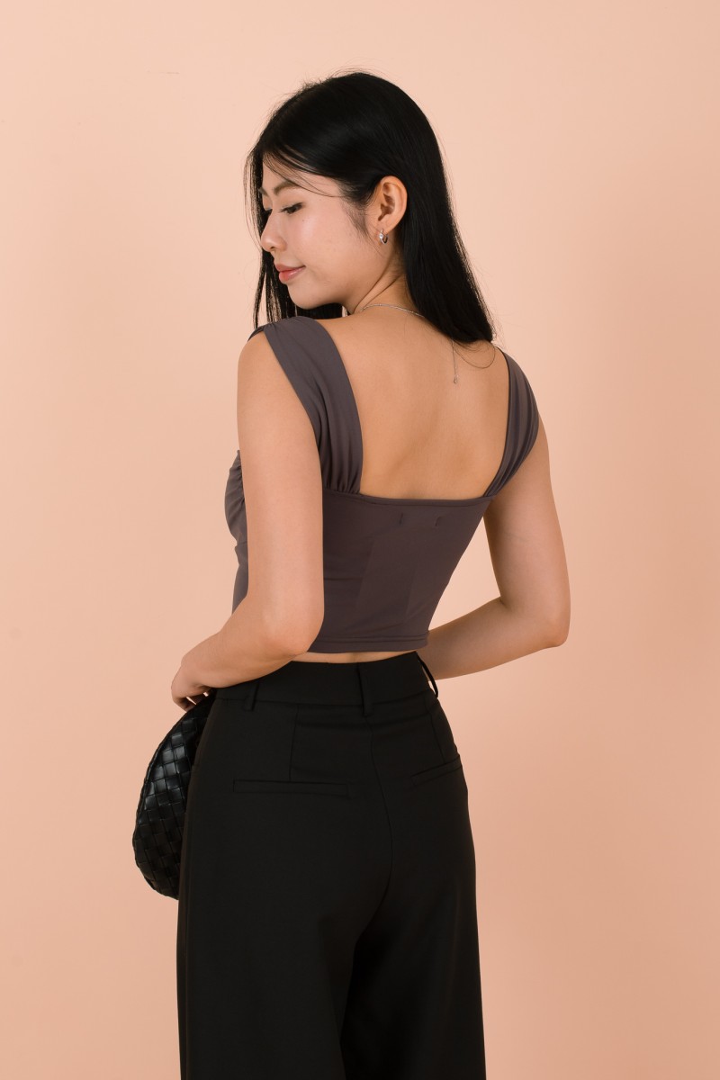 Aeris Padded Ruched Sweetheart Top in Gunmetal