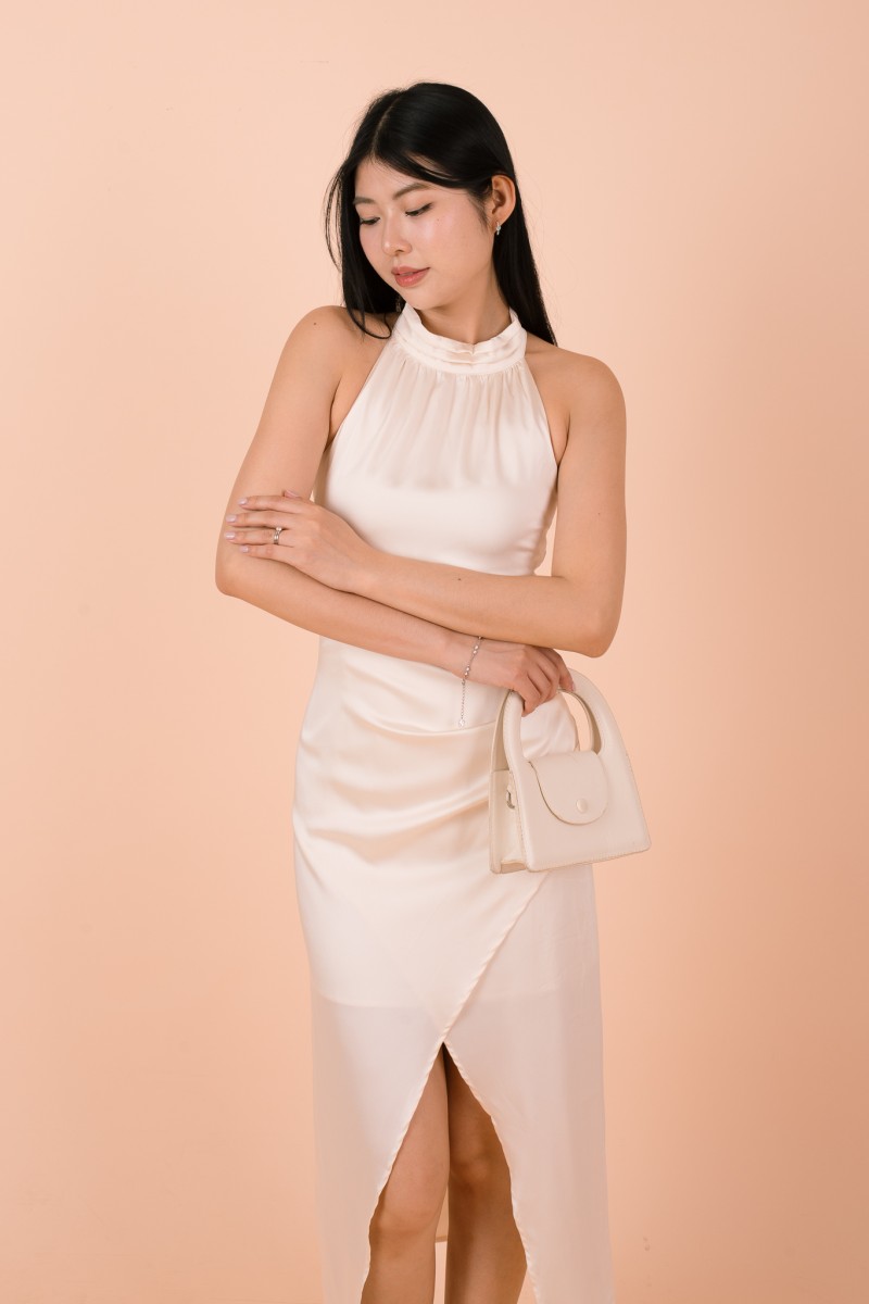 Lunara Halter Slit Satin Dress in Cream