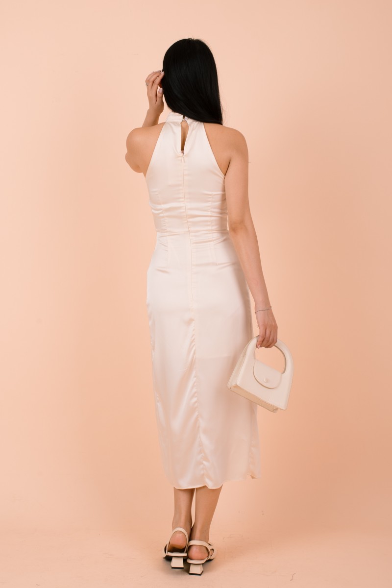 Lunara Halter Slit Satin Dress in Cream