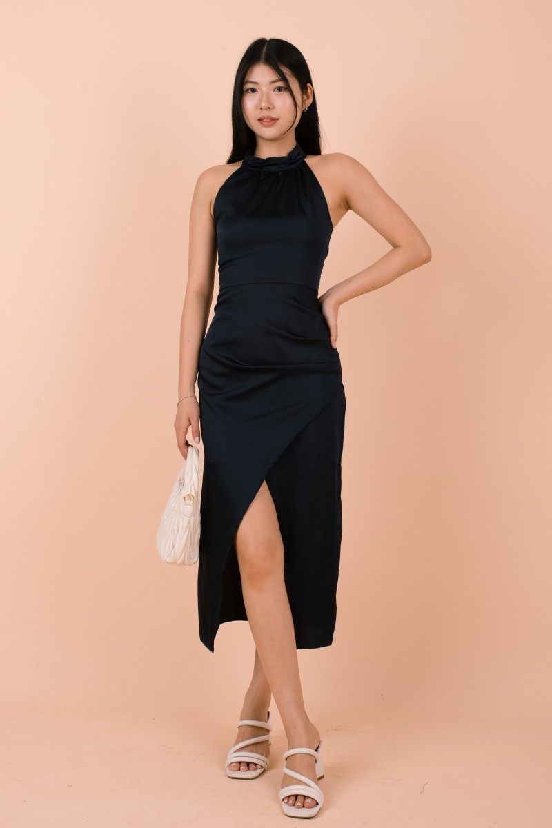Lunara Halter Slit Satin Dress in Navy