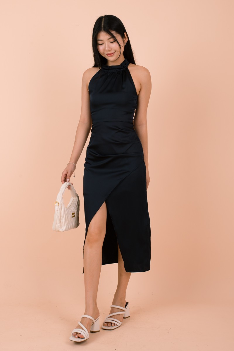 Lunara Halter Slit Satin Dress in Navy
