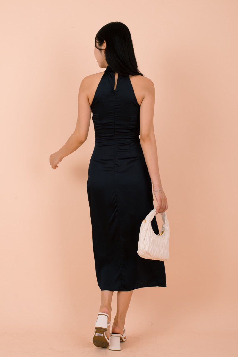 Lunara Halter Slit Satin Dress in Navy