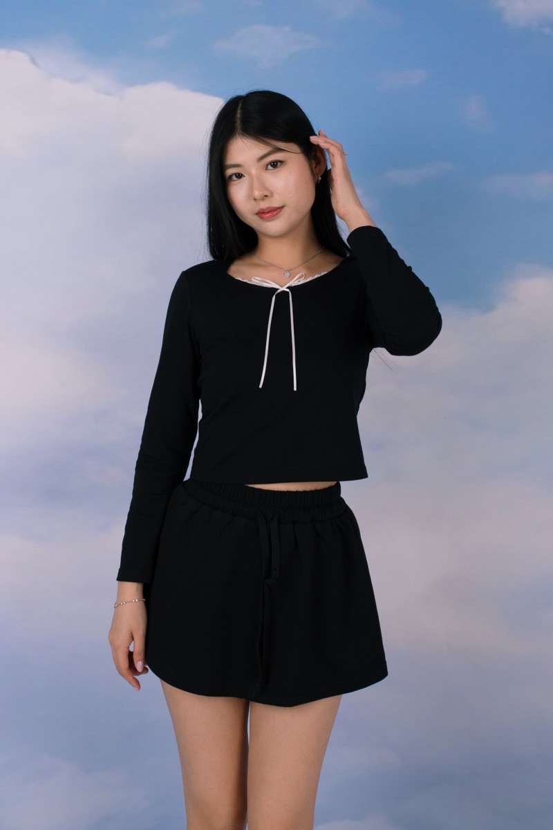 Lilo Lace Tie-Front Loungewear Set in Black