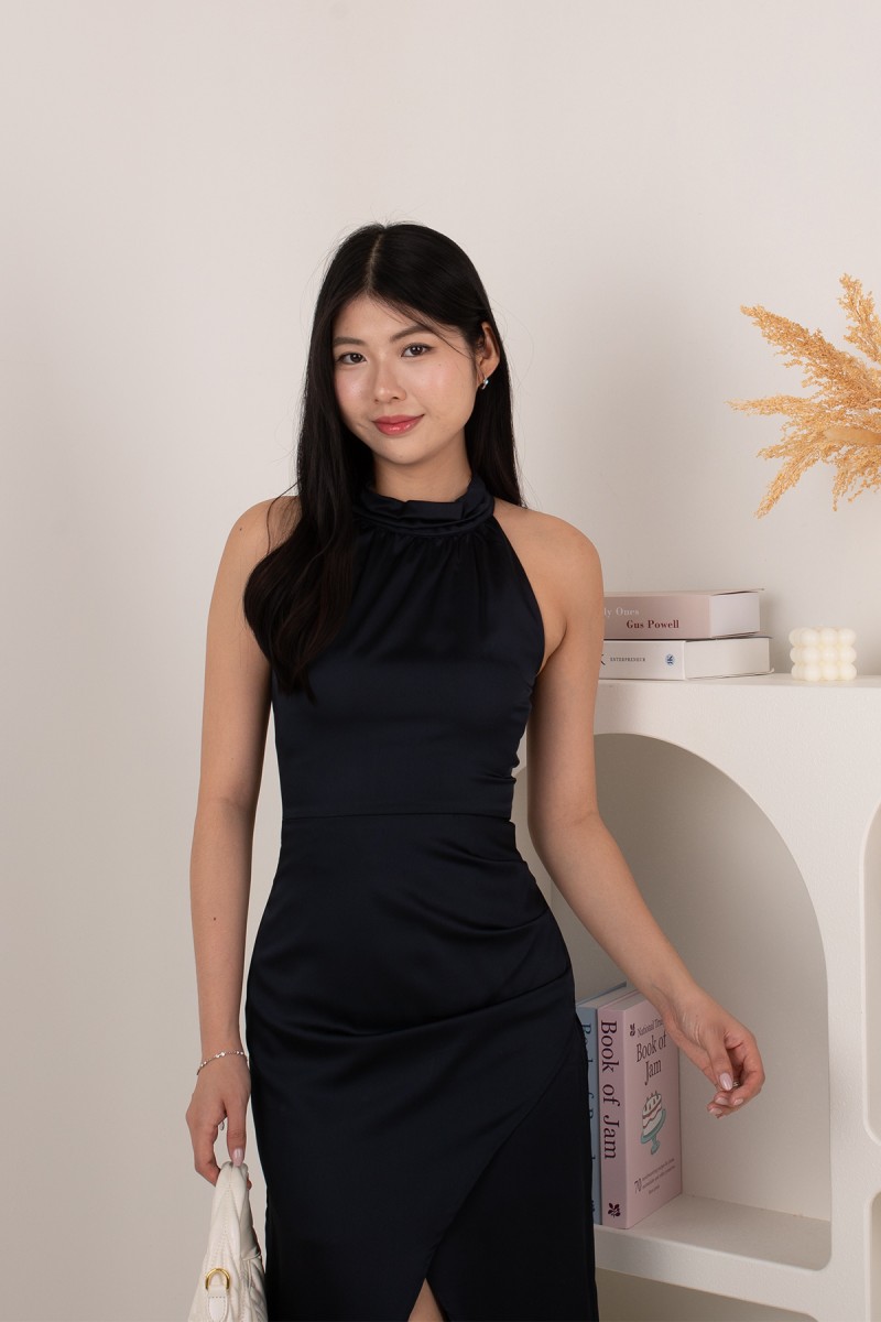 Lunara Halter Slit Satin Dress in Navy