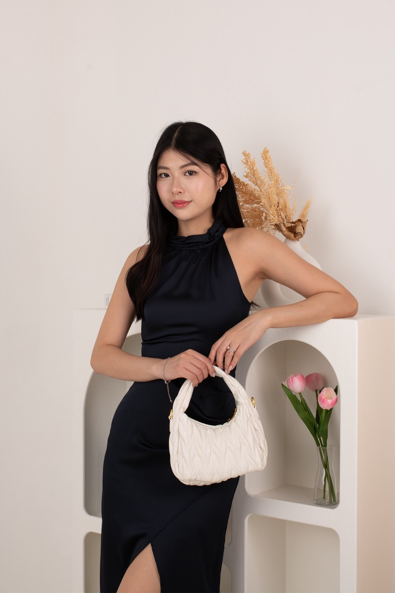 Lunara Halter Slit Satin Dress in Navy