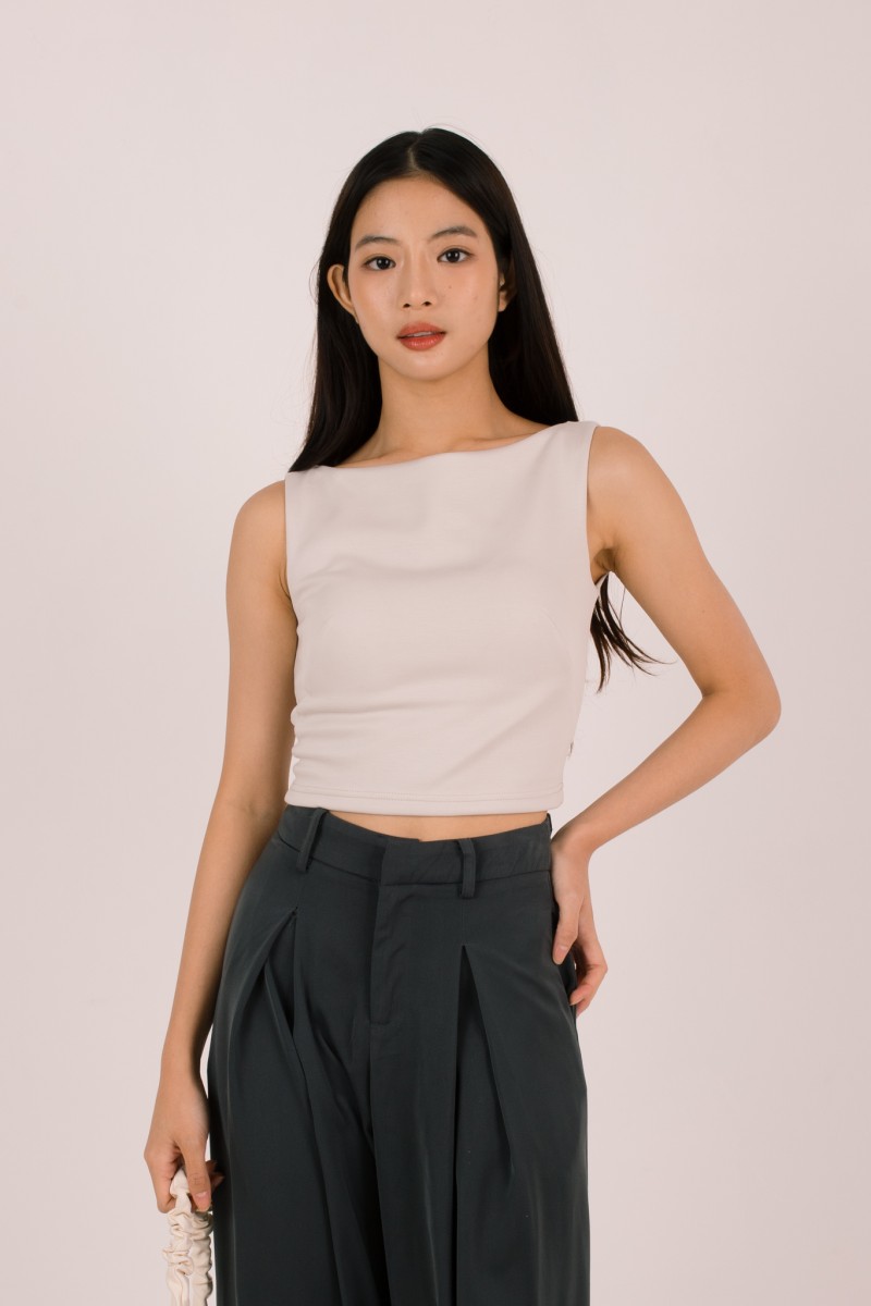 RESTOCK4: Paddle Padded Boat-Neck Top in Stone Grey