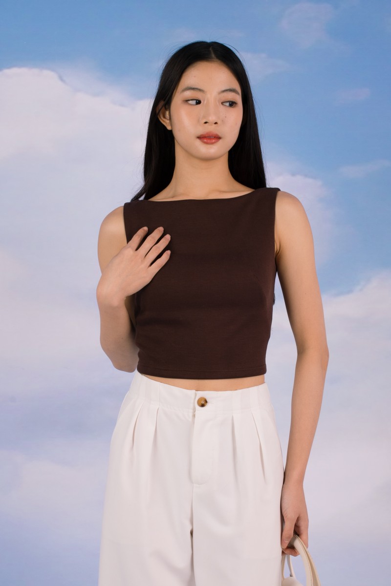 RESTOCK7: Paddle Padded Boat-Neck Top in Mocha