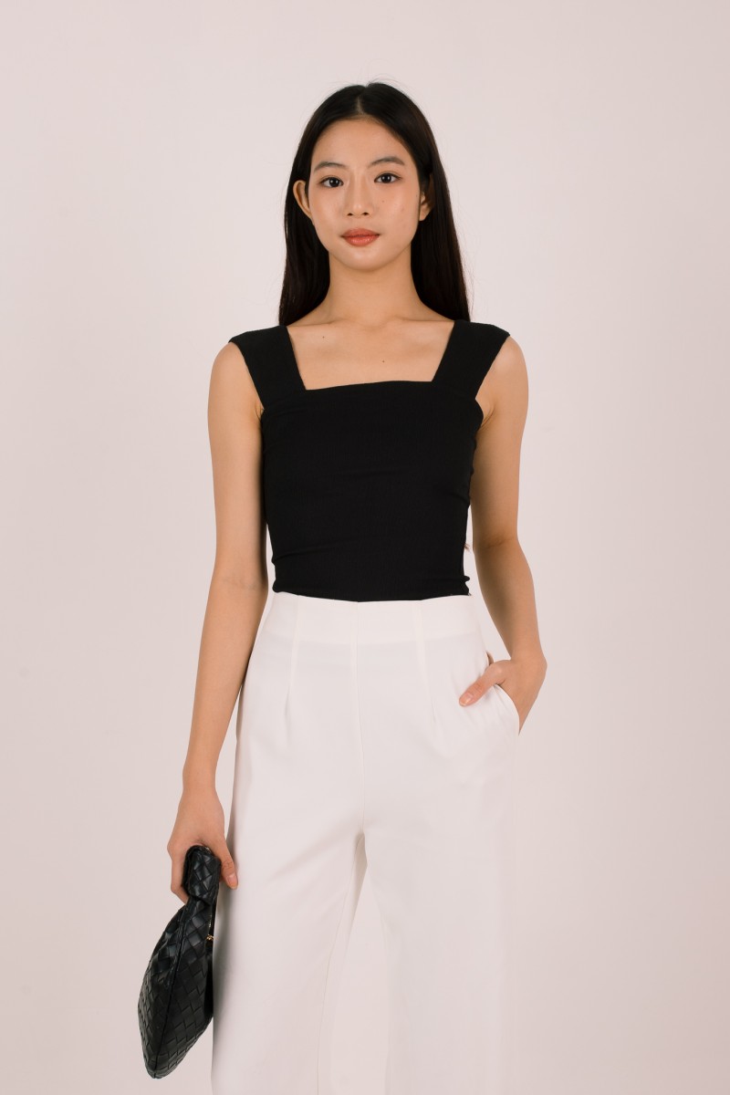 Kaelis Ribbed Square Neck Top in Black