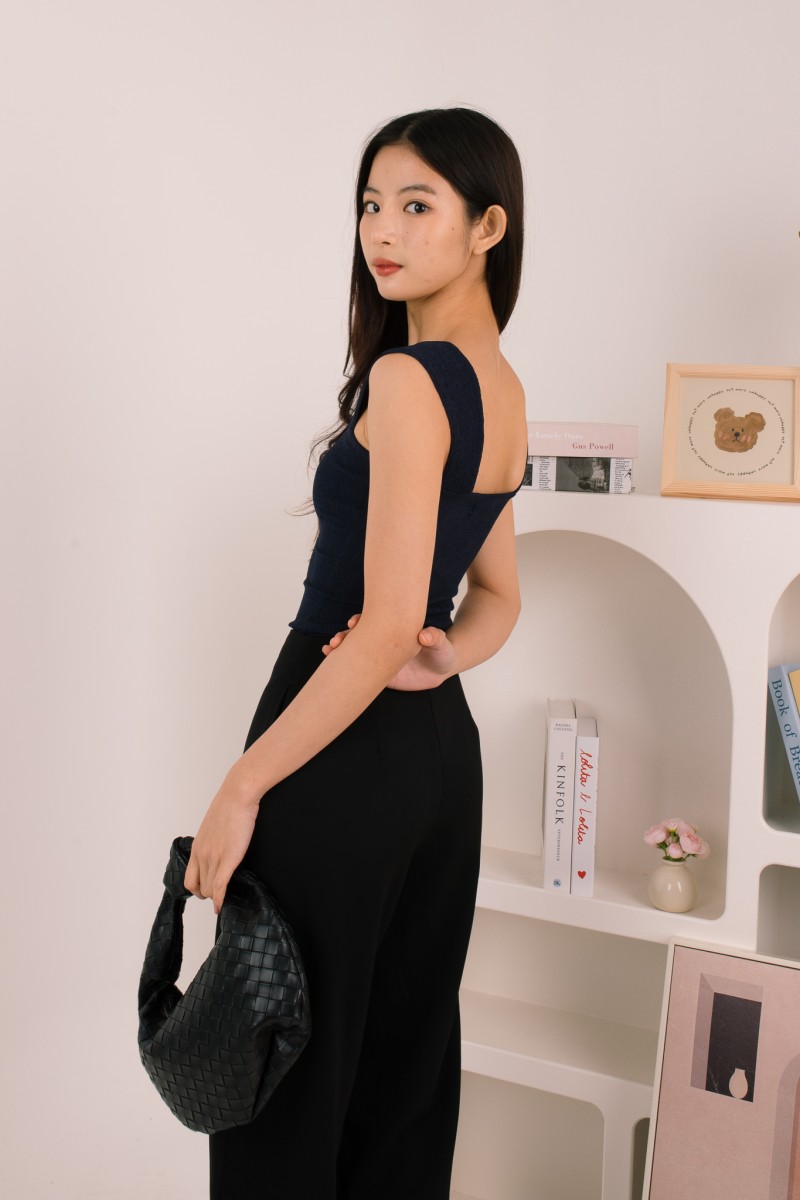 Kaelis Ribbed Square Neck Top in Navy