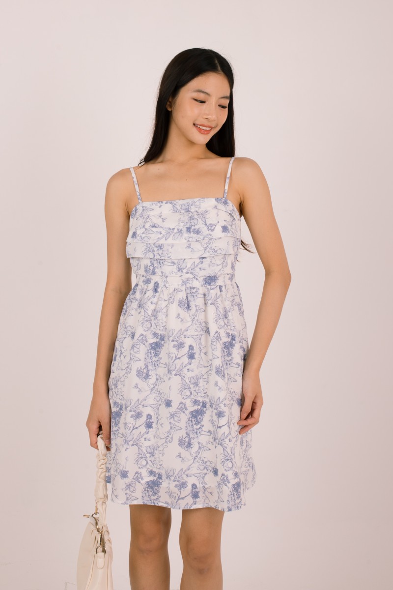 Evalie Floral Ruched Mini Dress in Blue