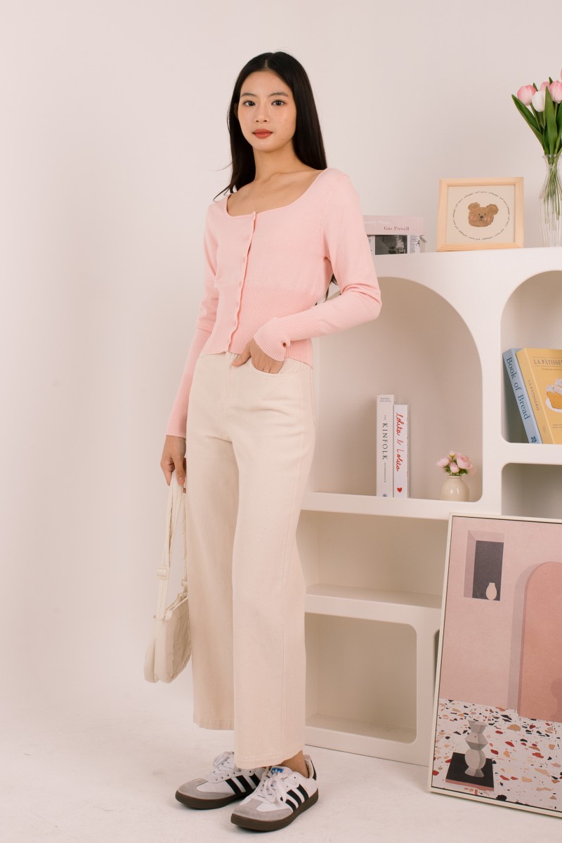 Silena Wide Neck Button Cardigan in Pink