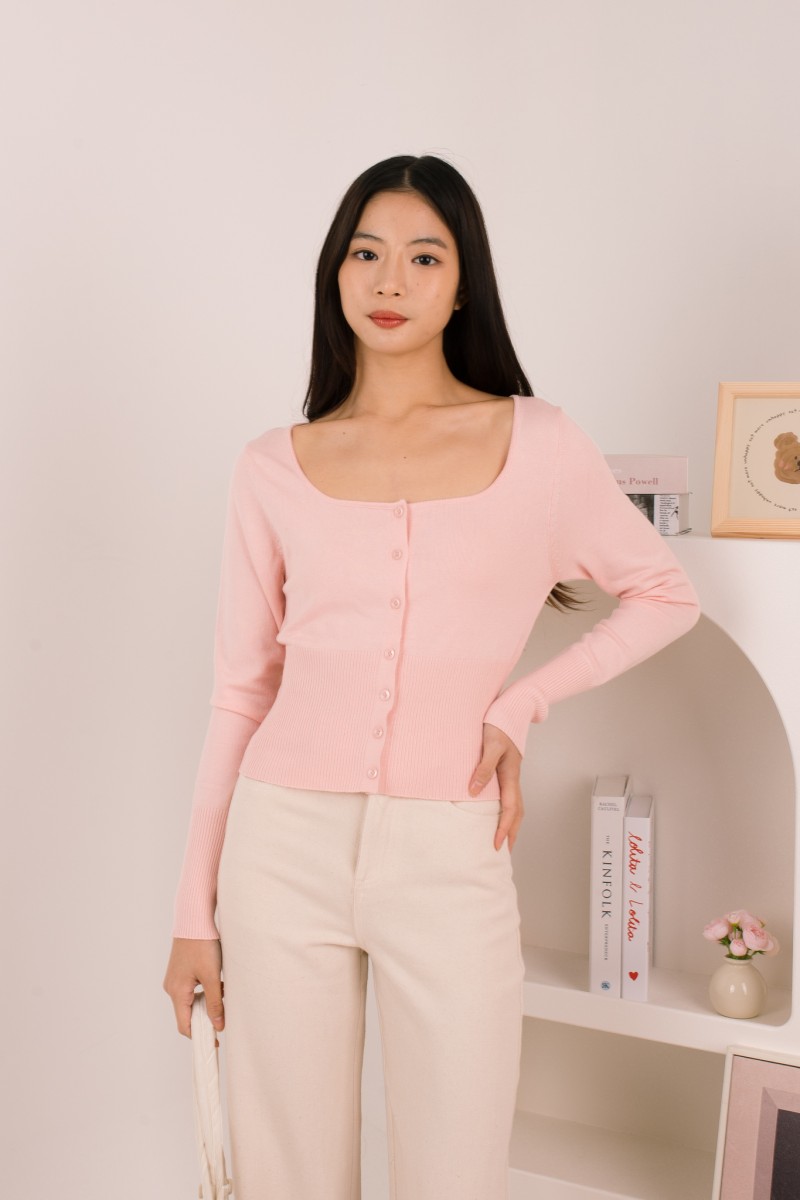 RESTOCK: Silena Wide Neck Button Cardigan in Pink