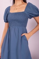 Echo Smocked Puff Sleeve Dress in Blue (MY)
