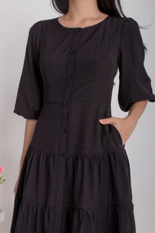 Daphine Button Sleeved Tiered Dress in Black (MY)