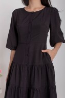 Daphine Button Sleeved Tiered Dress in Black (MY)