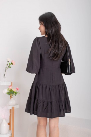 Daphine Button Sleeved Tiered Dress in Black (MY)