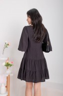 Daphine Button Sleeved Tiered Dress in Black (MY)